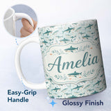 Personalized Custom Name Cute Blue Shark Underwater Seamless Pattern Light Ocean Background 11oz Ceramic Coffee Tea Mug White Large Handle