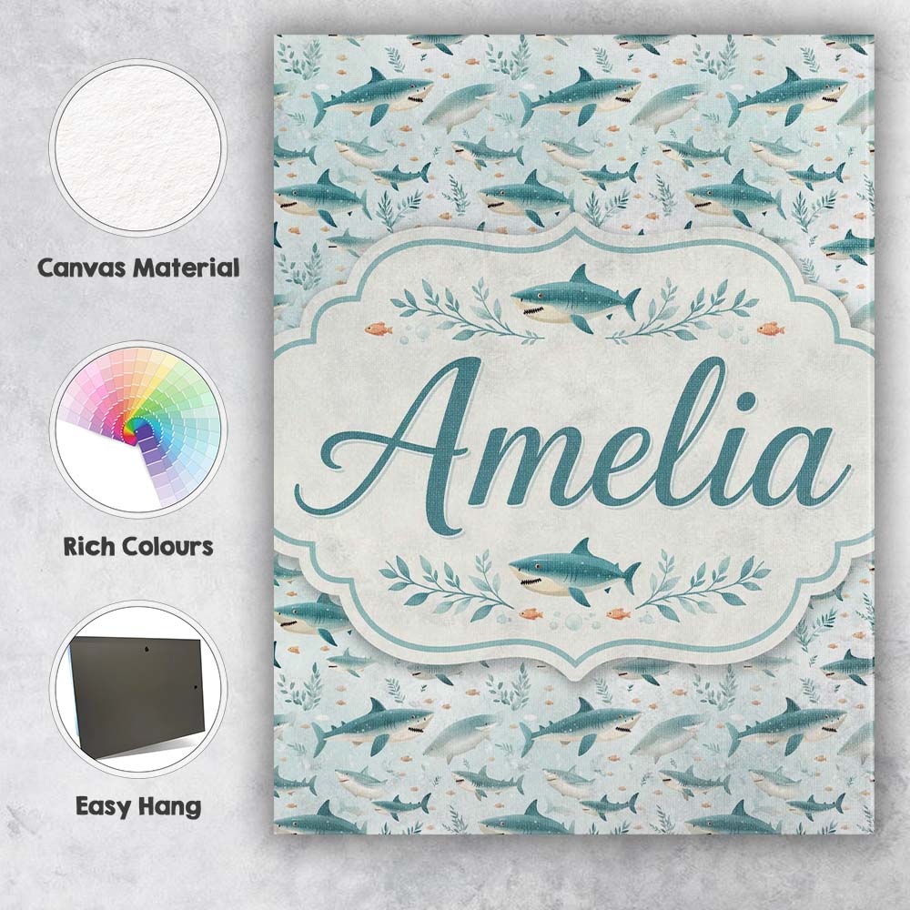 Personalised Name Cute Blue Shark Underwater Custom Bespoke  Contemporary Display Canvas Wall Art Print Decor Picture Ready to Hang