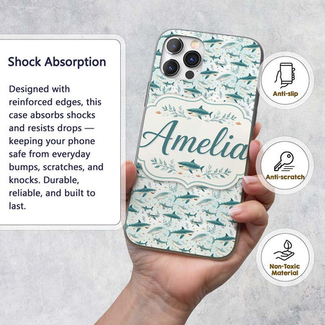 Cute Blue Shark Underwater Seamless Pattern Light Custom Name Protective Phone Case Mobile Cover Durable Everyday Smartphone Shock Resistant