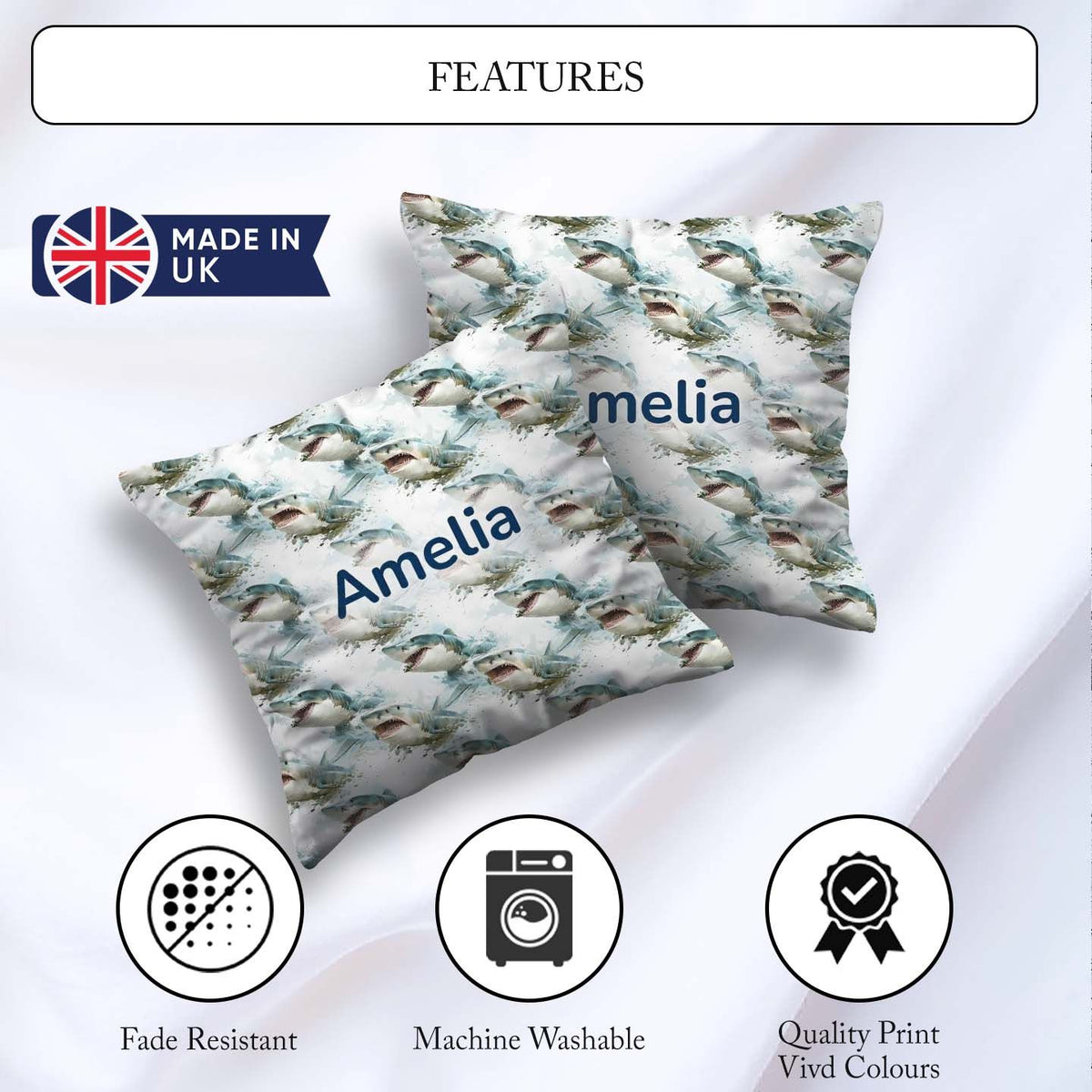 Custom Name Realistic Shark Splash Water Seamless Ocean Predator Square Filled Cushion Throw Pillow Sofa Bed Home Decor Zip Washable UK Made