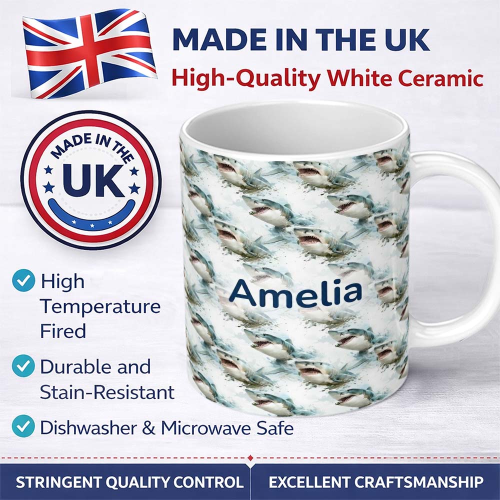 Personalized Custom Name Realistic Shark Splash Water Seamless Pattern Ocean Predator Design 11oz Ceramic Coffee Tea Mug White Large Handle