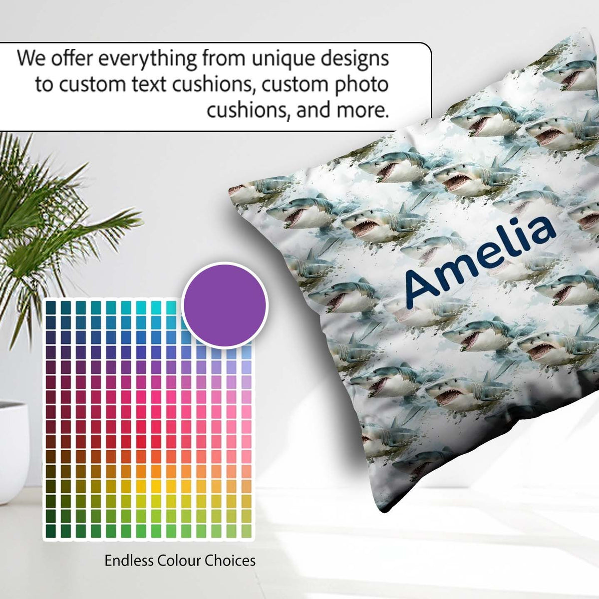 Custom Name Realistic Shark Splash Water Seamless Ocean Predator Square Filled Cushion Throw Pillow Sofa Bed Home Decor Zip Washable UK Made