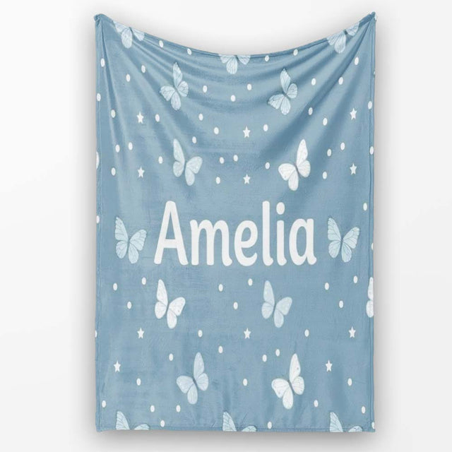 Blue Butterflies Stars Dreamy Sky Seamless Pattern Soft Pastel  Personalised Custom Name Super Soft Fleece Blanket Bed Sofa Throw