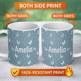 Personalized Custom Name Blue Butterflies Stars Dreamy Sky Seamless Pattern Soft Pastel 11oz Ceramic Coffee Tea Mug White Large Handle