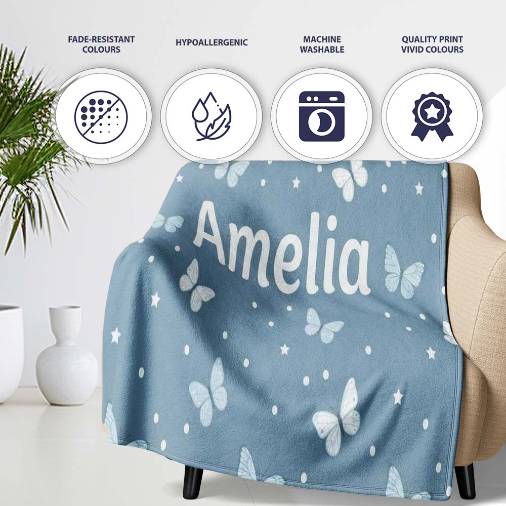 Blue Butterflies Stars Dreamy Sky Seamless Pattern Soft Pastel  Personalised Custom Name Super Soft Fleece Blanket Bed Sofa Throw