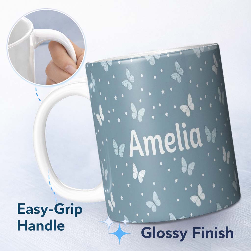 Personalized Custom Name Blue Butterflies Stars Dreamy Sky Seamless Pattern Soft Pastel 11oz Ceramic Coffee Tea Mug White Large Handle