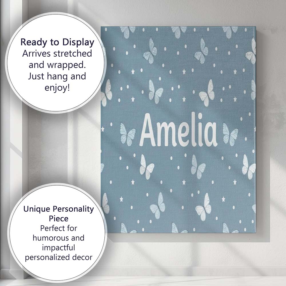 Personalised Name Blue Butterflies Stars Custom  Unique Gift Idea Elegant Feature Canvas Wall Art Print Decor Picture Ready to Hang