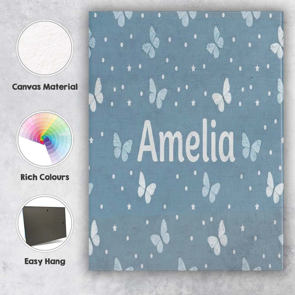 Personalised Name Blue Butterflies Stars Custom  Unique Gift Idea Elegant Feature Canvas Wall Art Print Decor Picture Ready to Hang