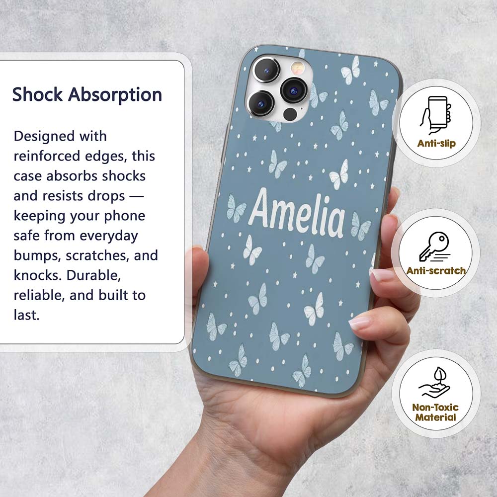 Blue Butterflies Stars Dreamy Sky Printed Design Custom Name Protective Phone Case Mobile Cover Durable Everyday Smartphone Shock Resistant