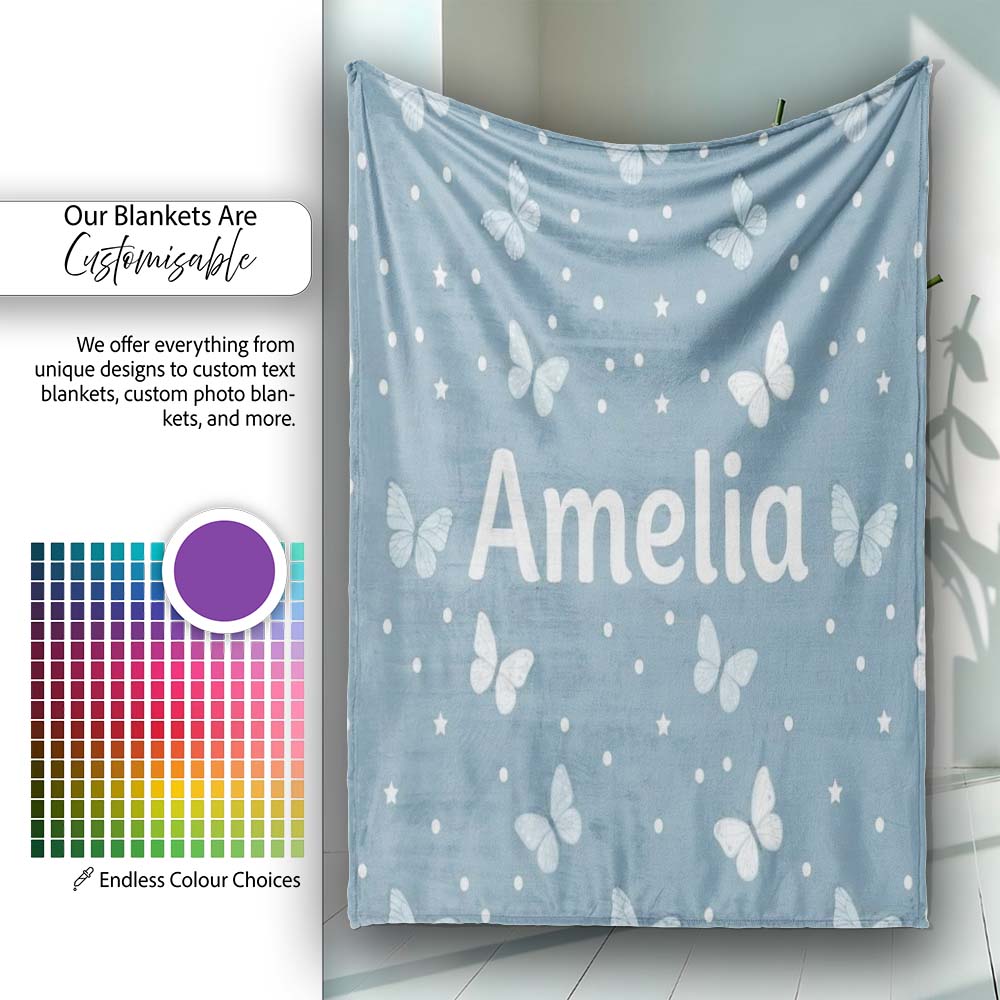 Blue Butterflies Stars Dreamy Sky Seamless Pattern Soft Pastel  Personalised Custom Name Super Soft Fleece Blanket Bed Sofa Throw