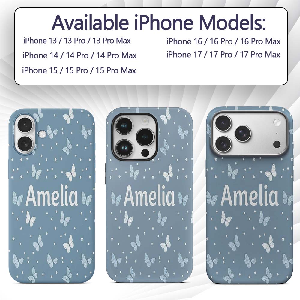 Blue Butterflies Stars Dreamy Sky Printed Design Custom Name Protective Phone Case Mobile Cover Durable Everyday Smartphone Shock Resistant