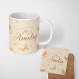 Personalized Custom Name Peach Butterflies Floral Branches Seamless Pattern Soft Beige 11oz Ceramic Coffee Tea Mug White Large Handle