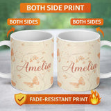 Personalized Custom Name Peach Butterflies Floral Branches Seamless Pattern Soft Beige 11oz Ceramic Coffee Tea Mug White Large Handle