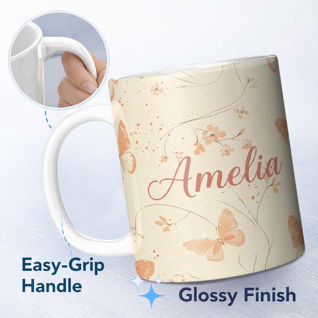 Personalized Custom Name Peach Butterflies Floral Branches Seamless Pattern Soft Beige 11oz Ceramic Coffee Tea Mug White Large Handle