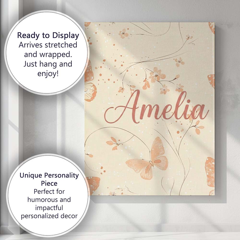 Personalised Name Peach Butterflies Floral Custom  Unique Gift Idea Elegant Feature Canvas Wall Art Print Decor Picture Ready to Hang