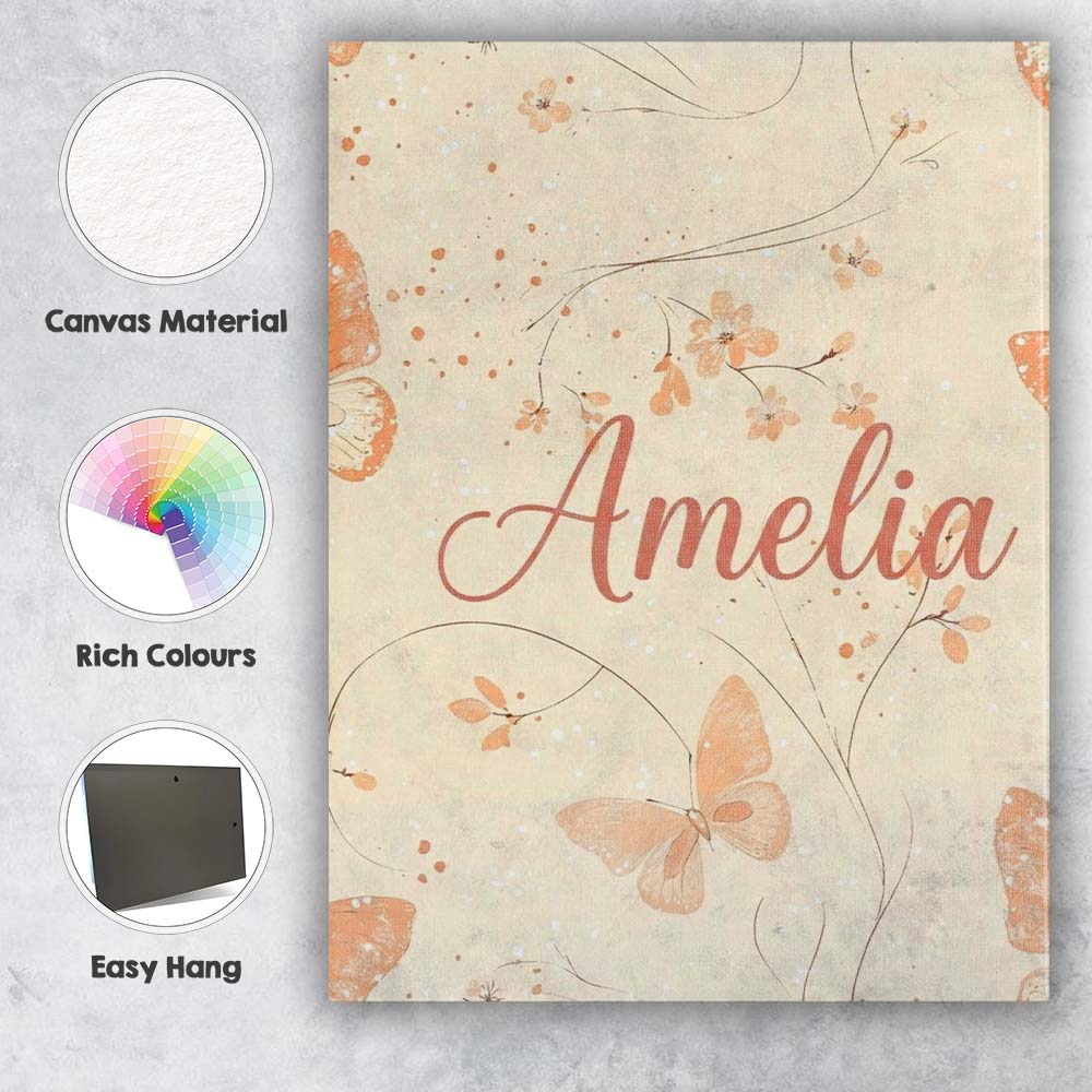 Personalised Name Peach Butterflies Floral Custom  Unique Gift Idea Elegant Feature Canvas Wall Art Print Decor Picture Ready to Hang