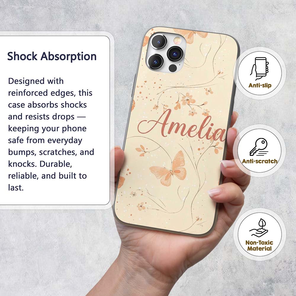 Peach Butterflies Floral Branches Printed Design Custom Name Protective Phone Case Mobile Cover Durable Everyday Smartphone Shock Resistant