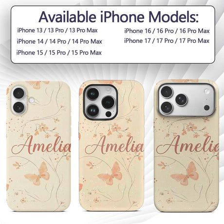 Peach Butterflies Floral Branches Printed Design Custom Name Protective Phone Case Mobile Cover Durable Everyday Smartphone Shock Resistant
