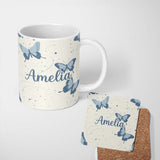 Personalized Custom Name Blue Butterflies Stars Night Sky Seamless Pattern Light Background 11oz Ceramic Coffee Tea Mug White Large Handle