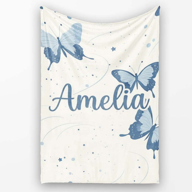 Blue Butterflies Stars Night Sky Seamless Pattern Light Background  Personalised Custom Name Super Soft Fleece Blanket Bed Sofa Throw