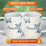 Personalized Custom Name Blue Butterflies Stars Night Sky Seamless Pattern Light Background 11oz Ceramic Coffee Tea Mug White Large Handle