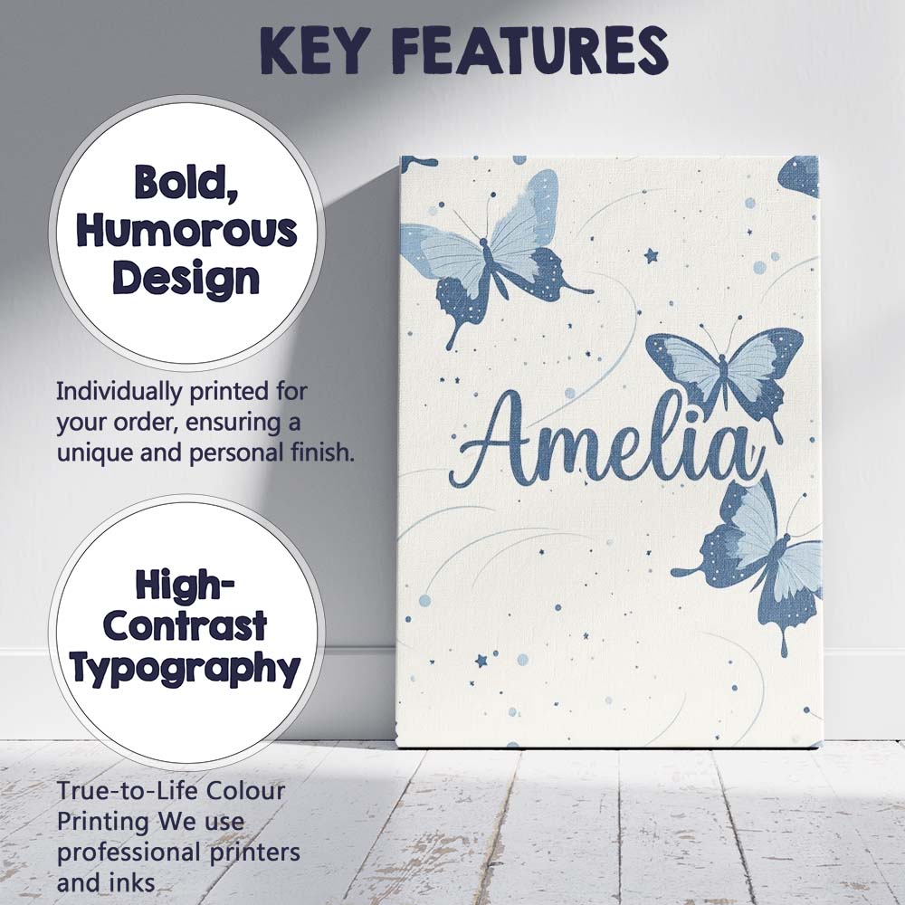 Personalised Name Blue Butterflies Stars Custom  Unique Gift Idea Elegant Feature Canvas Wall Art Print Decor Picture Ready to Hang