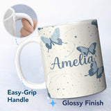 Personalized Custom Name Blue Butterflies Stars Night Sky Seamless Pattern Light Background 11oz Ceramic Coffee Tea Mug White Large Handle