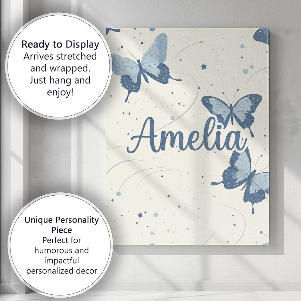 Personalised Name Blue Butterflies Stars Custom  Unique Gift Idea Elegant Feature Canvas Wall Art Print Decor Picture Ready to Hang