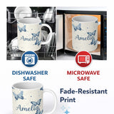 Personalized Custom Name Blue Butterflies Stars Night Sky Seamless Pattern Light Background 11oz Ceramic Coffee Tea Mug White Large Handle