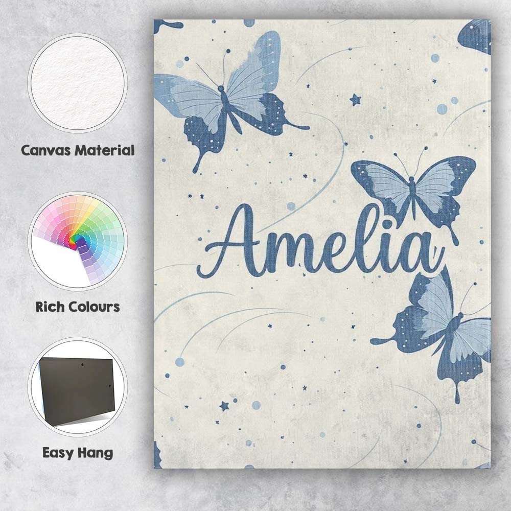 Personalised Name Blue Butterflies Stars Custom  Unique Gift Idea Elegant Feature Canvas Wall Art Print Decor Picture Ready to Hang