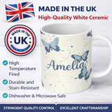 Personalized Custom Name Blue Butterflies Stars Night Sky Seamless Pattern Light Background 11oz Ceramic Coffee Tea Mug White Large Handle