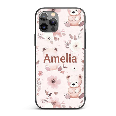 Cute Teddy Bear Pink Floral Seamless Pattern Baby Custom Name Protective Phone Case Mobile Cover Durable Everyday Smartphone Shock Resistant