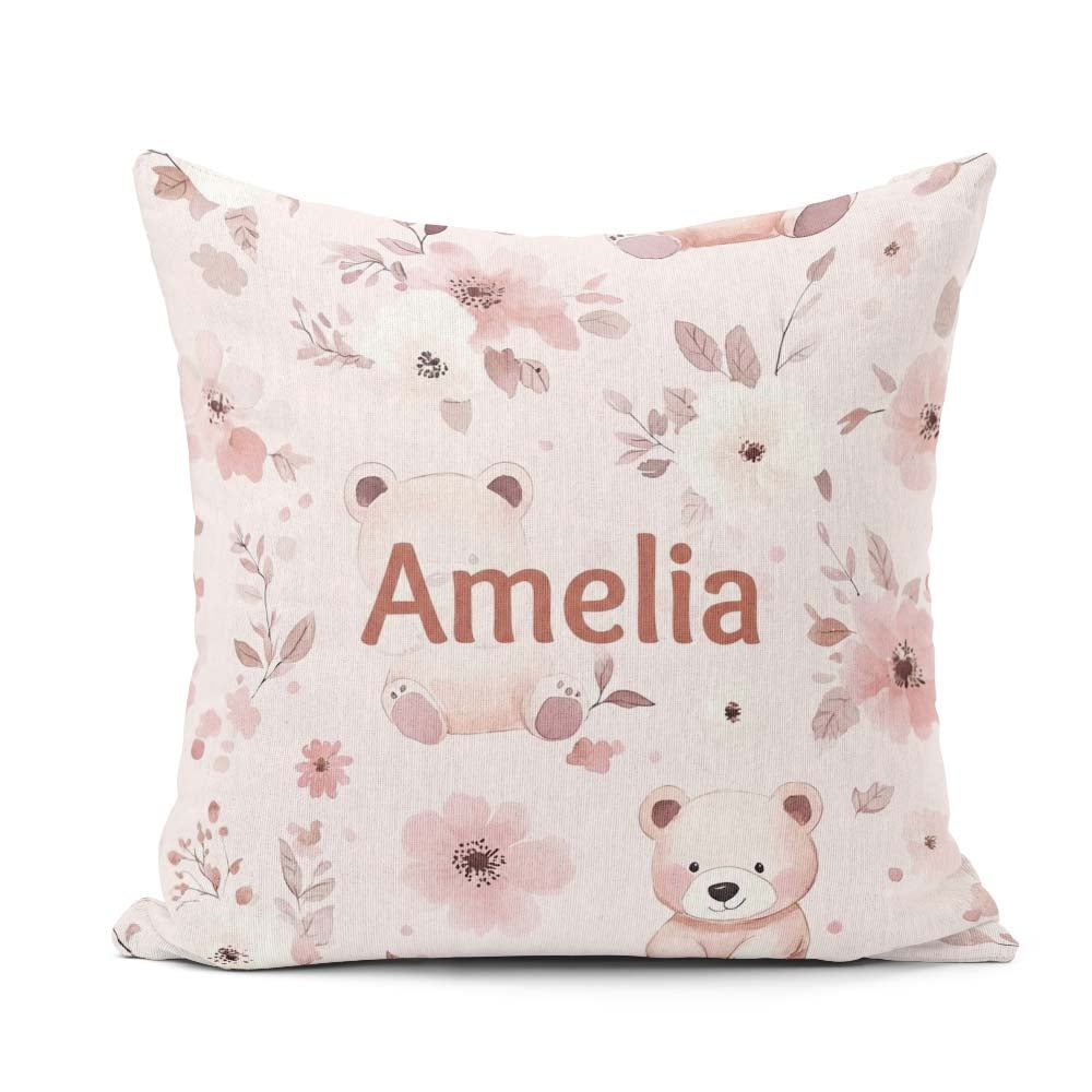 Custom Name Teddy Bear Pink Floral Seamless Pattern Baby Nursery Square Filled Cushion Throw Pillow Sofa Bed Home Decor Zip Washable UK Made