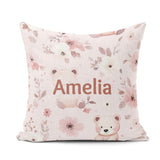 Custom Name Teddy Bear Pink Floral Seamless Pattern Baby Nursery Square Filled Cushion Throw Pillow Sofa Bed Home Decor Zip Washable UK Made
