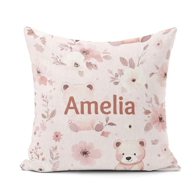 Custom Name Teddy Bear Pink Floral Seamless Pattern Baby Nursery Square Filled Cushion Throw Pillow Sofa Bed Home Decor Zip Washable UK Made