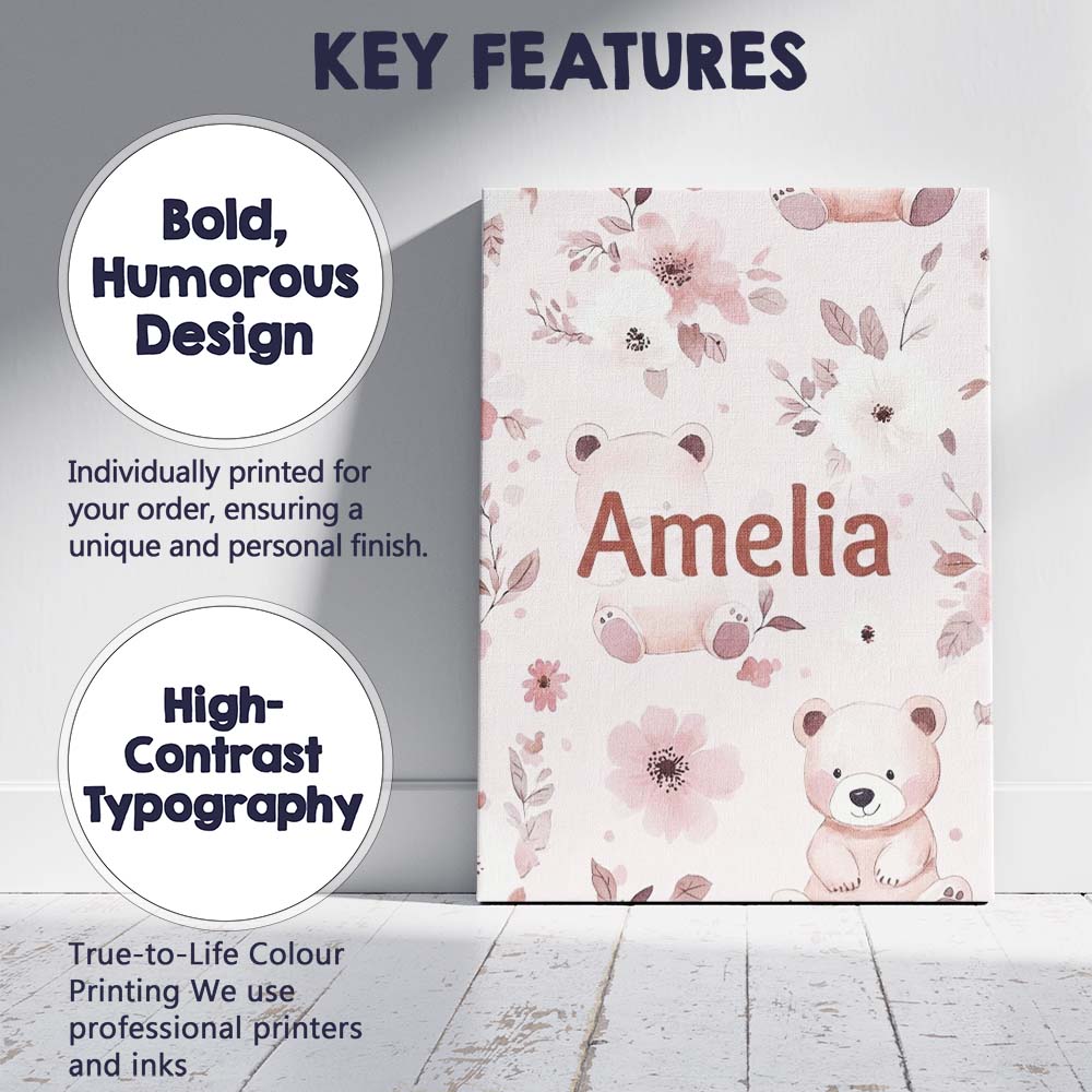 Personalised Name Cute Teddy Bear Pink Custom  Modern Room Accent Elegant Feature Canvas Wall Art Print Decor Picture Ready to Hang