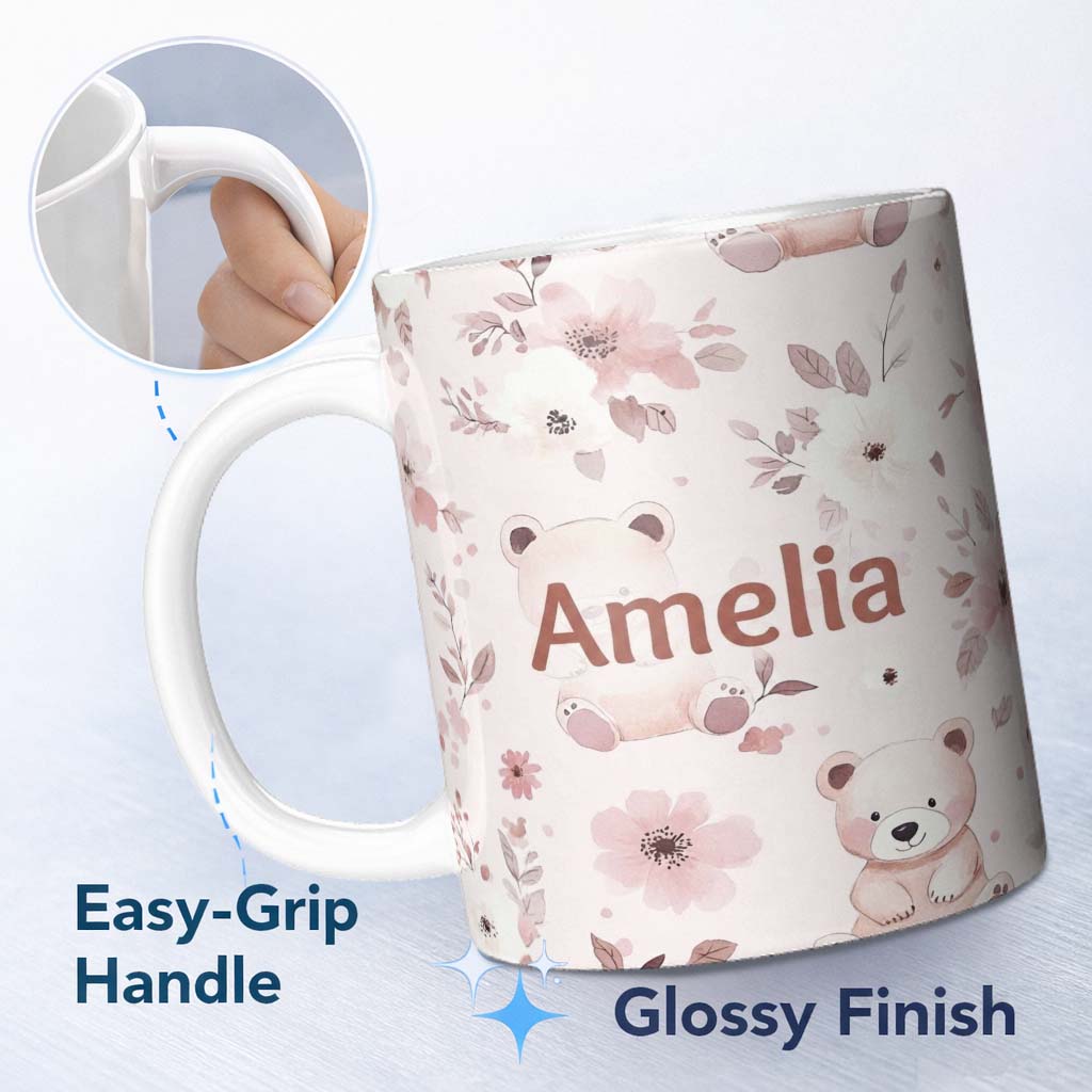 Personalized Custom Name Cute Teddy Bear Pink Floral Seamless Pattern Baby Nursery Design 11oz Ceramic Coffee Tea Mug White Large Handle