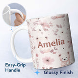 Personalized Custom Name Cute Teddy Bear Pink Floral Seamless Pattern Baby Nursery Design 11oz Ceramic Coffee Tea Mug White Large Handle