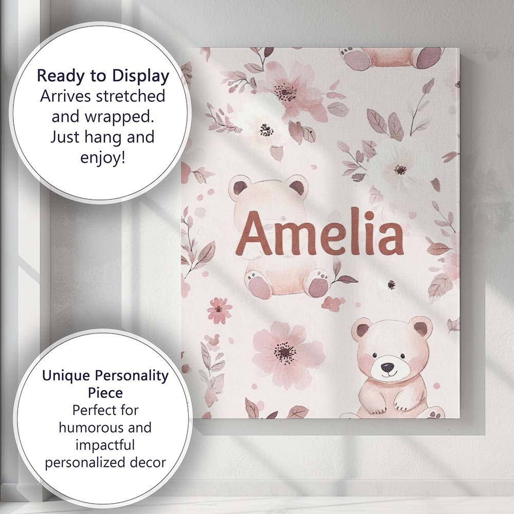 Personalised Name Cute Teddy Bear Pink Custom  Modern Room Accent Elegant Feature Canvas Wall Art Print Decor Picture Ready to Hang