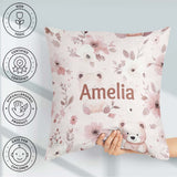 Custom Name Teddy Bear Pink Floral Seamless Pattern Baby Nursery Square Filled Cushion Throw Pillow Sofa Bed Home Decor Zip Washable UK Made