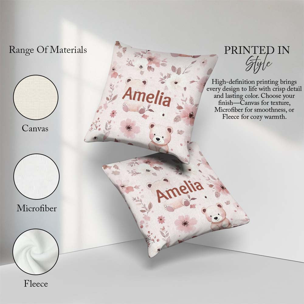 Custom Name Teddy Bear Pink Floral Seamless Pattern Baby Nursery Square Filled Cushion Throw Pillow Sofa Bed Home Decor Zip Washable UK Made