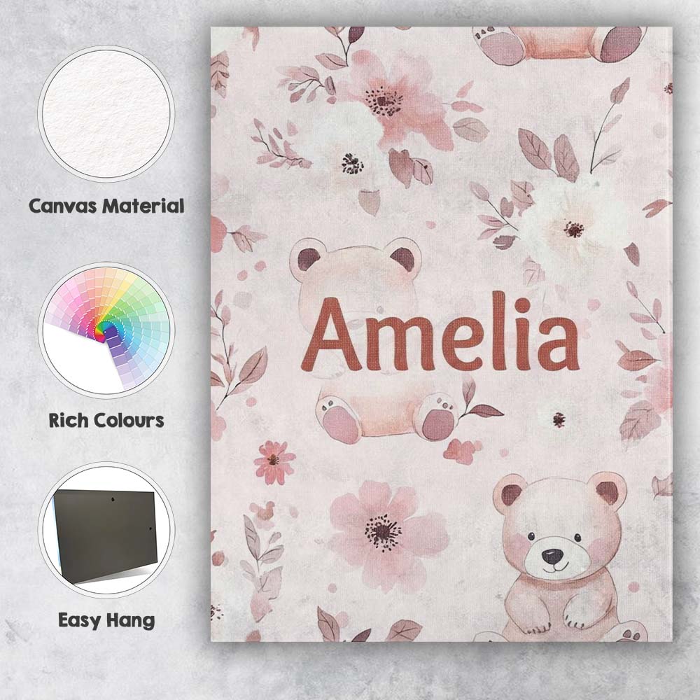 Personalised Name Cute Teddy Bear Pink Custom  Modern Room Accent Elegant Feature Canvas Wall Art Print Decor Picture Ready to Hang