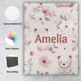 Personalised Name Cute Teddy Bear Pink Custom  Modern Room Accent Elegant Feature Canvas Wall Art Print Decor Picture Ready to Hang