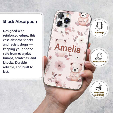 Cute Teddy Bear Pink Floral Seamless Pattern Baby Custom Name Protective Phone Case Mobile Cover Durable Everyday Smartphone Shock Resistant