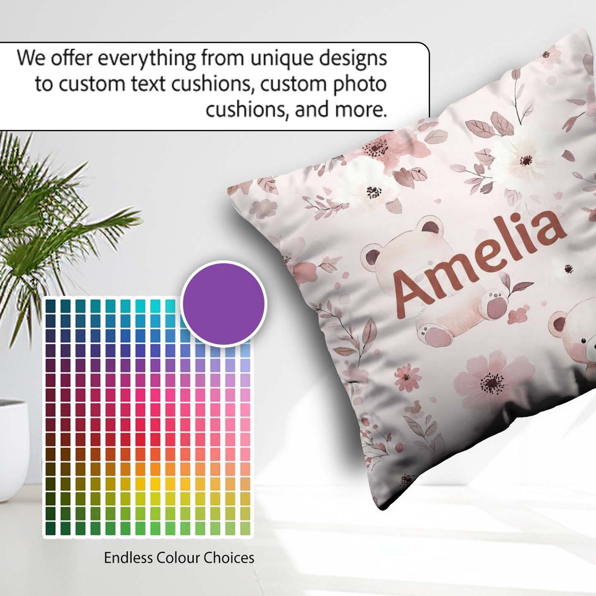Custom Name Teddy Bear Pink Floral Seamless Pattern Baby Nursery Square Filled Cushion Throw Pillow Sofa Bed Home Decor Zip Washable UK Made