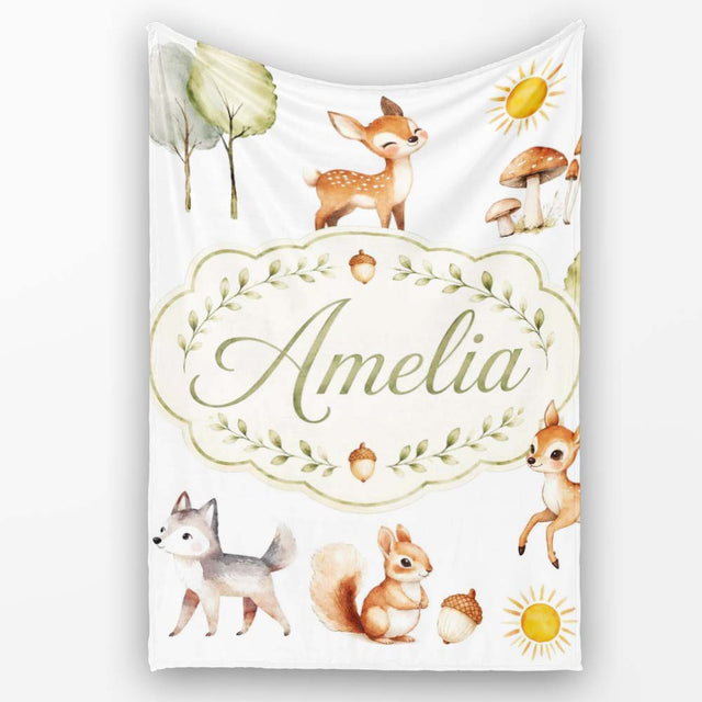 Cute Woodland Forest Animals Bear Bunny Deer Seamless on Blue Lovely  Personalised Custom Name Super Soft Fleece Blanket Bed Sofa Throw