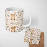 Personalized Custom Name Cute Teddy Bear Floral Leaves Seamless Pattern Soft Neutral 11oz Ceramic Coffee Tea Mug White Large Handle