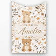 Cute Teddy Bear Floral Leaves Seamless Pattern Soft Neutral  Personalised Custom Name Super Soft Fleece Blanket Bed Sofa Throw
