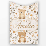 Cute Teddy Bear Floral Leaves Seamless Pattern Soft Neutral  Personalised Custom Name Super Soft Fleece Blanket Bed Sofa Throw