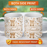 Personalized Custom Name Cute Teddy Bear Floral Leaves Seamless Pattern Soft Neutral 11oz Ceramic Coffee Tea Mug White Large Handle